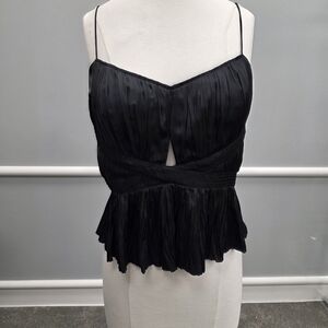Ulla Johnson Lise Black Pleated Satin Tech Spaghetti Strap Top